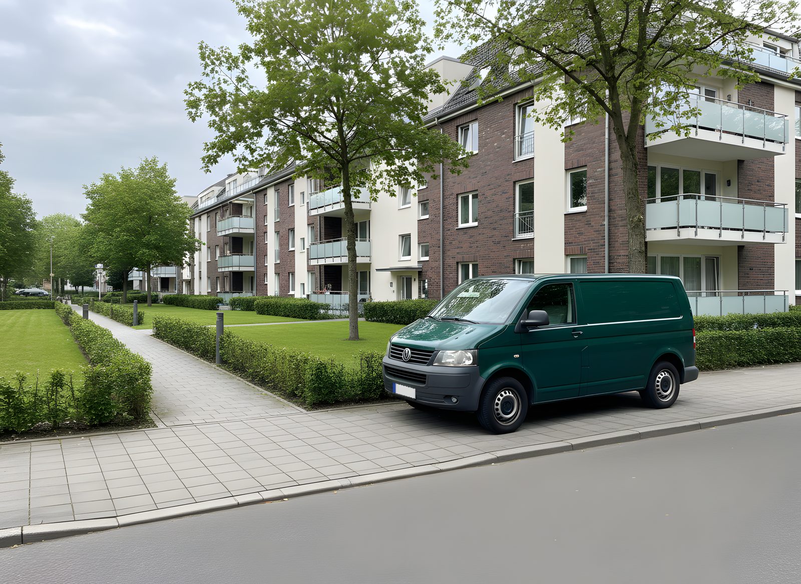 Gepflegte Wohnanlage aus rotem Klinker in Hamburg, davor ein dunkelgrüner Transporter
